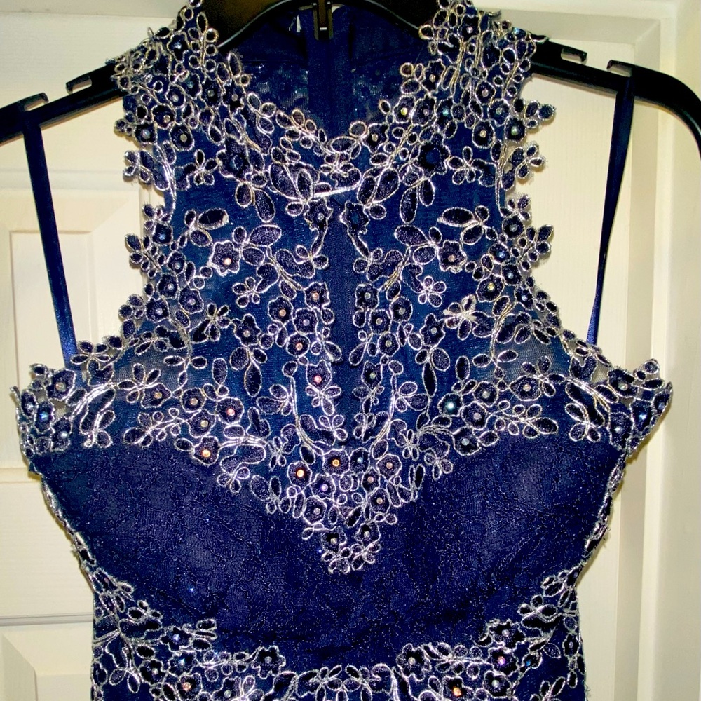 Adult size 5 dark blue open back dress with zipper silver and rhinestone top